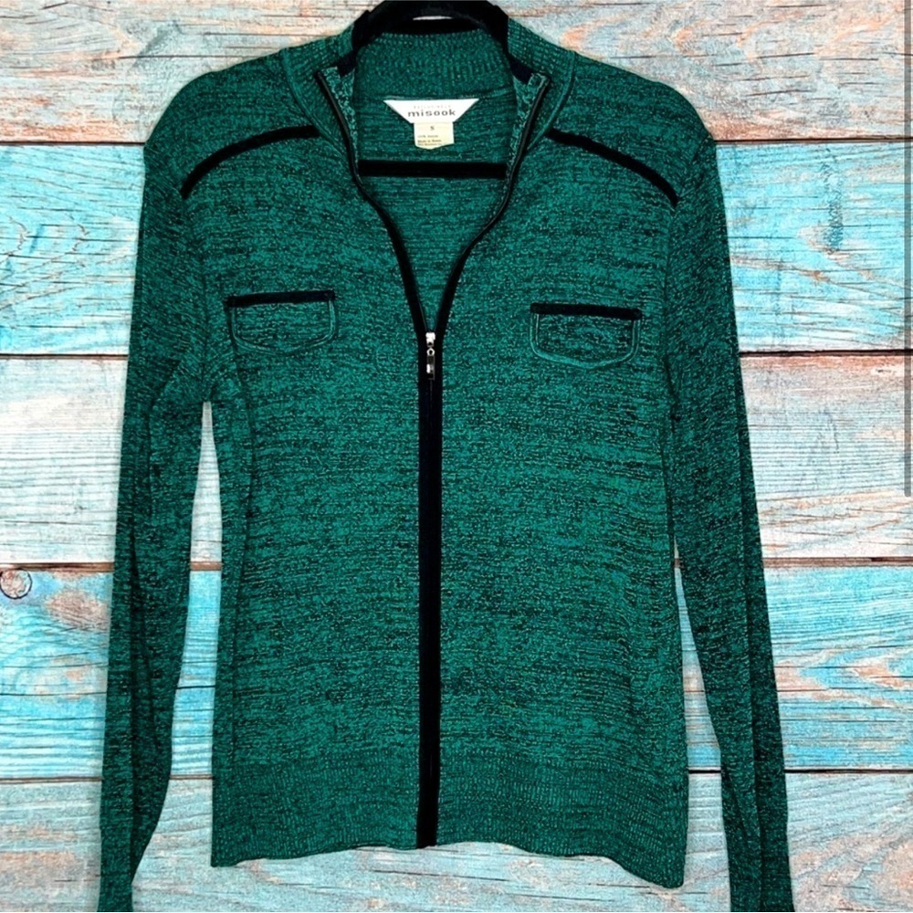 Exclusively Misook Jacket Size S Full Zip Acrylic Holiday Green Stretch Classy